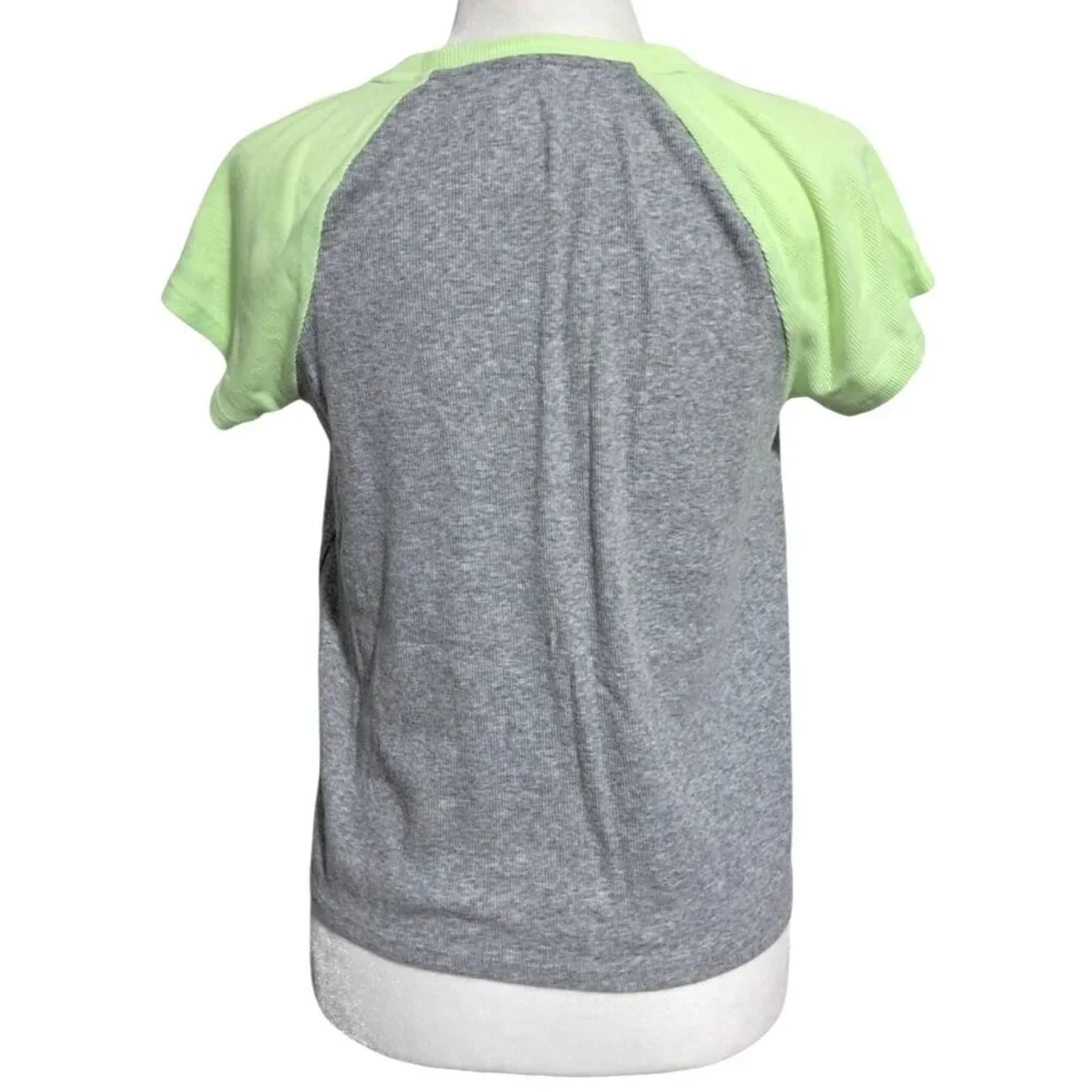 Justice Girls XL Gray & Green Raglan Crop Top With Sequin Lettering & Palm‎ Tree